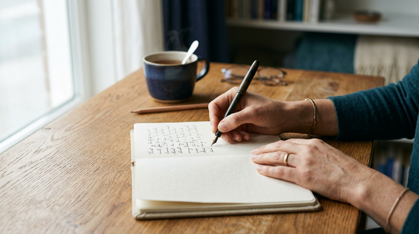 Hands writing in an open notebook beside tea on a warm desk